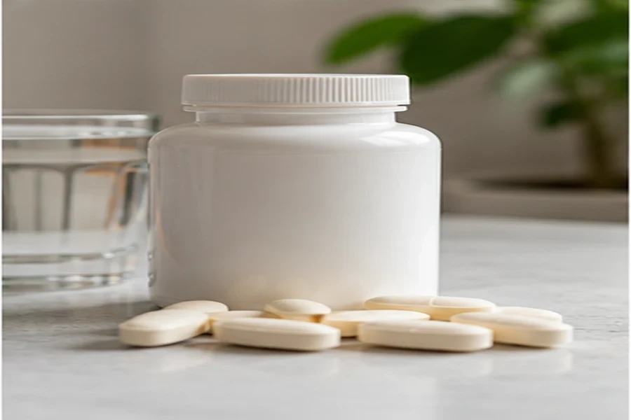 ظرف مکمل بدون برند و قرص‌ها؛ یادآور بررسی برچسب مقدار منیزیم المنتال