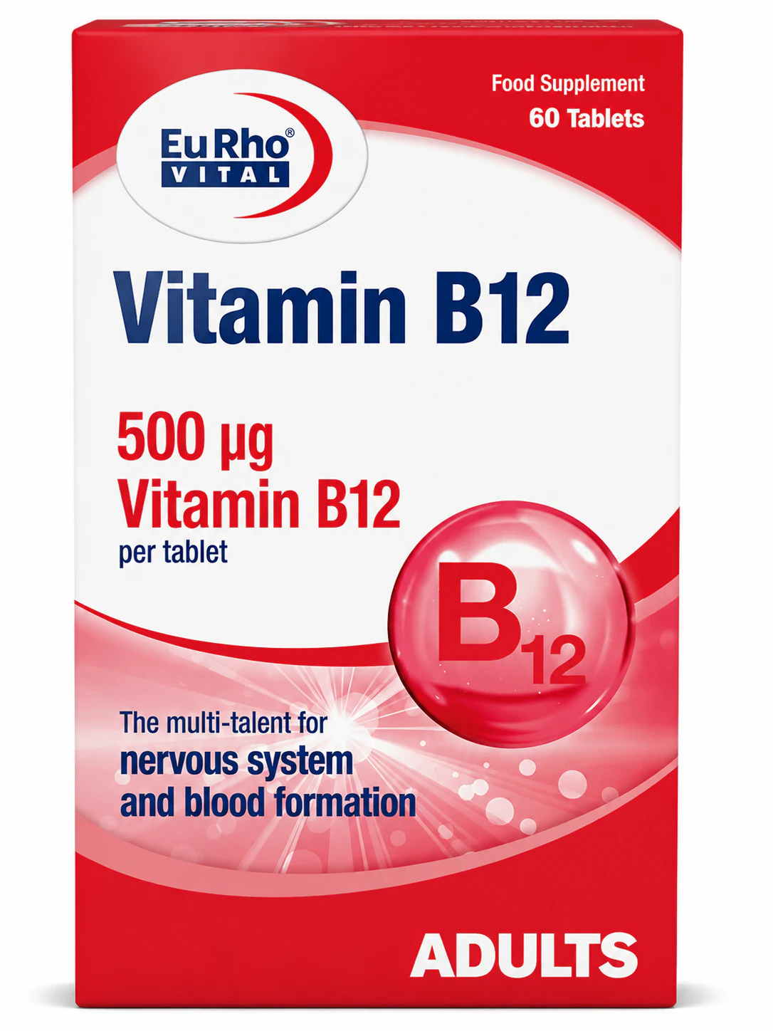 ویتامین B12 500 میکروگرم یوروویتال قرص 60 عددی | VITAMIN B12 500 MCG EURHOVITAL TABLETS 60 COUNT